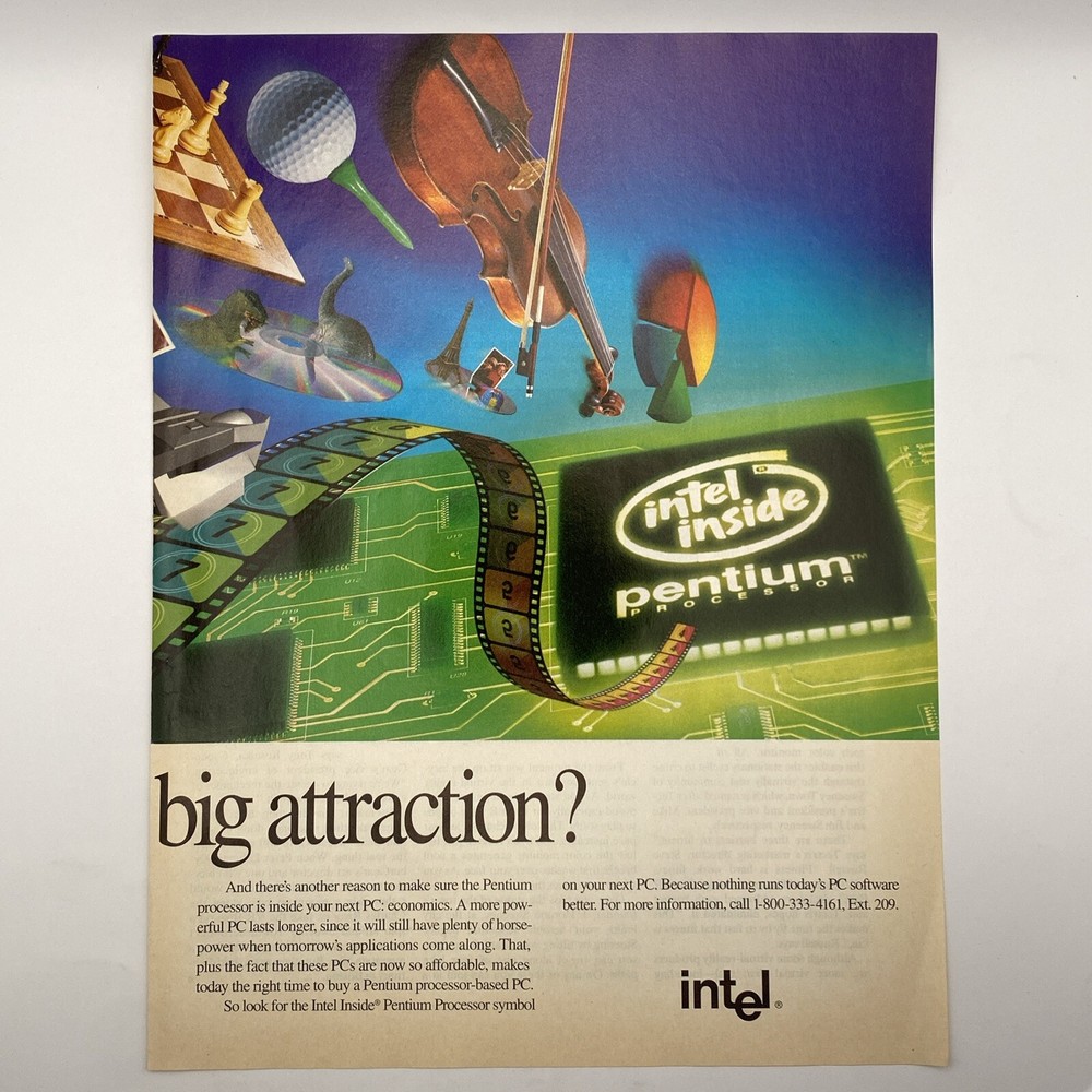 1994 Intel 2 page PRINT AD Intel Inside Pentium Processor PC Big Attraction