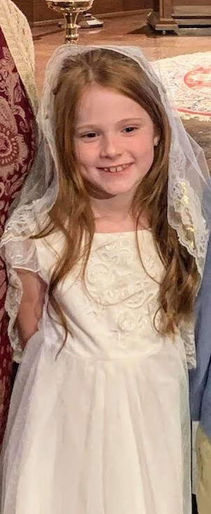 First Communion veil-soft white with gold metallic thread throughout trim