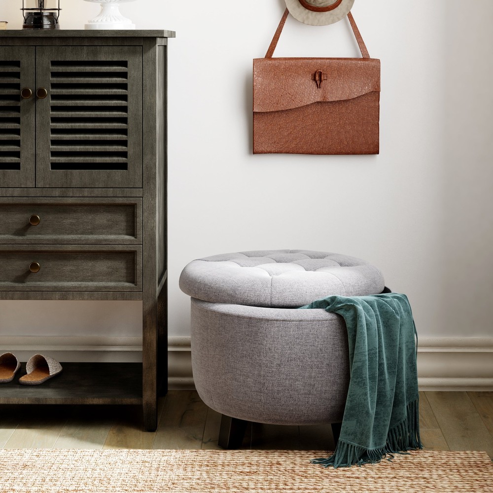 Bennett Upholstered Button Tufted Storage Ottoman Small Space Ivory