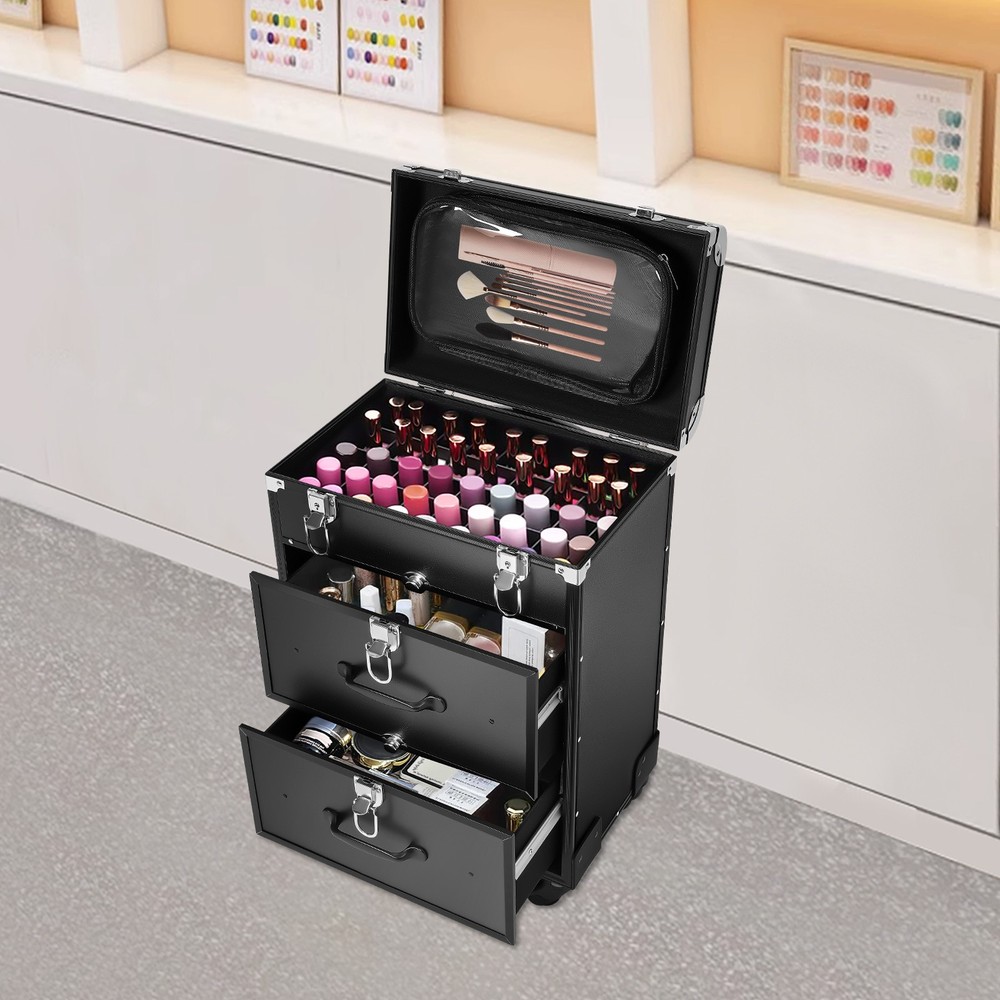 Makeup Train Case Professional Aluminum Rolling Cosmetic Trolley Makeup Storage