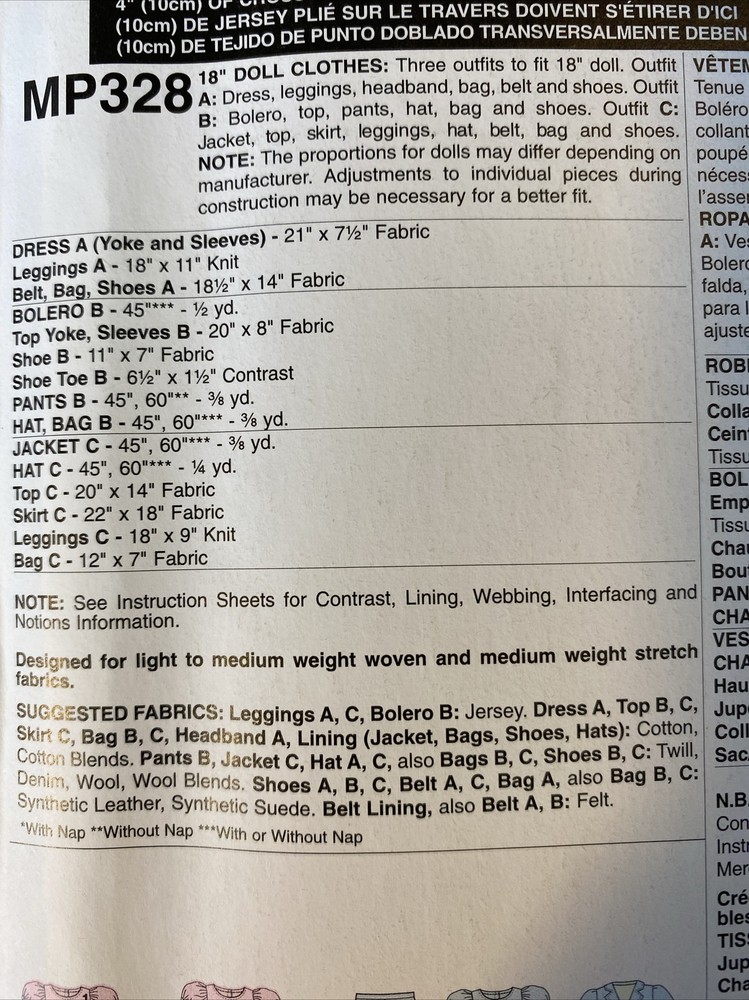 18” Doll Clothes & Accessories Sewing Pattern McCall’s MP328