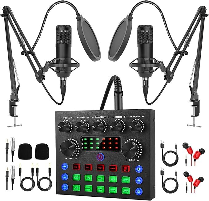 Podcast Equipment Bundle for 2, All-in-One Audio Interface with Studio Condenser
