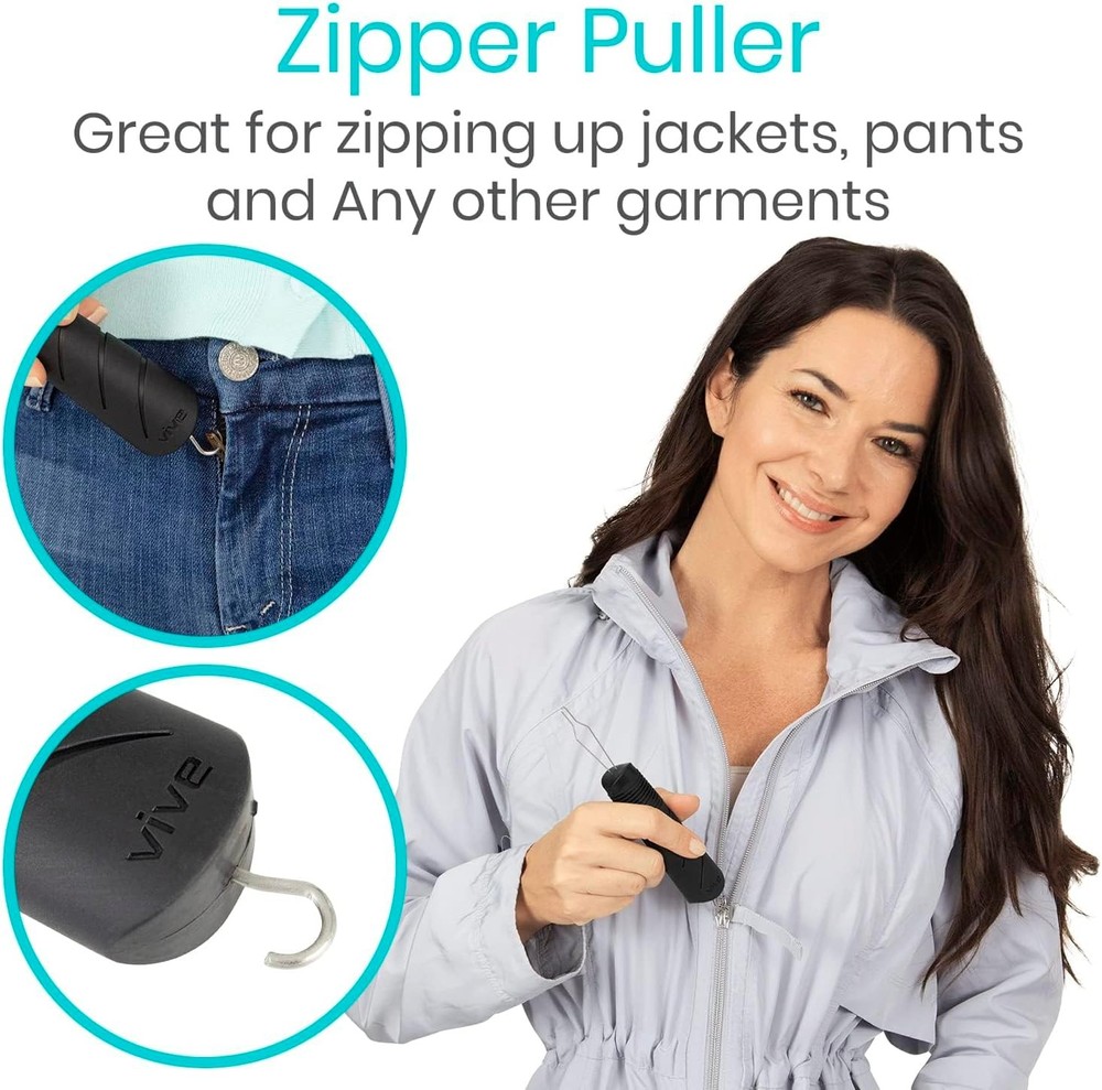 Vive Button Hook with Zipper Pull - Dressing 1 Count (Pack of 1), Black