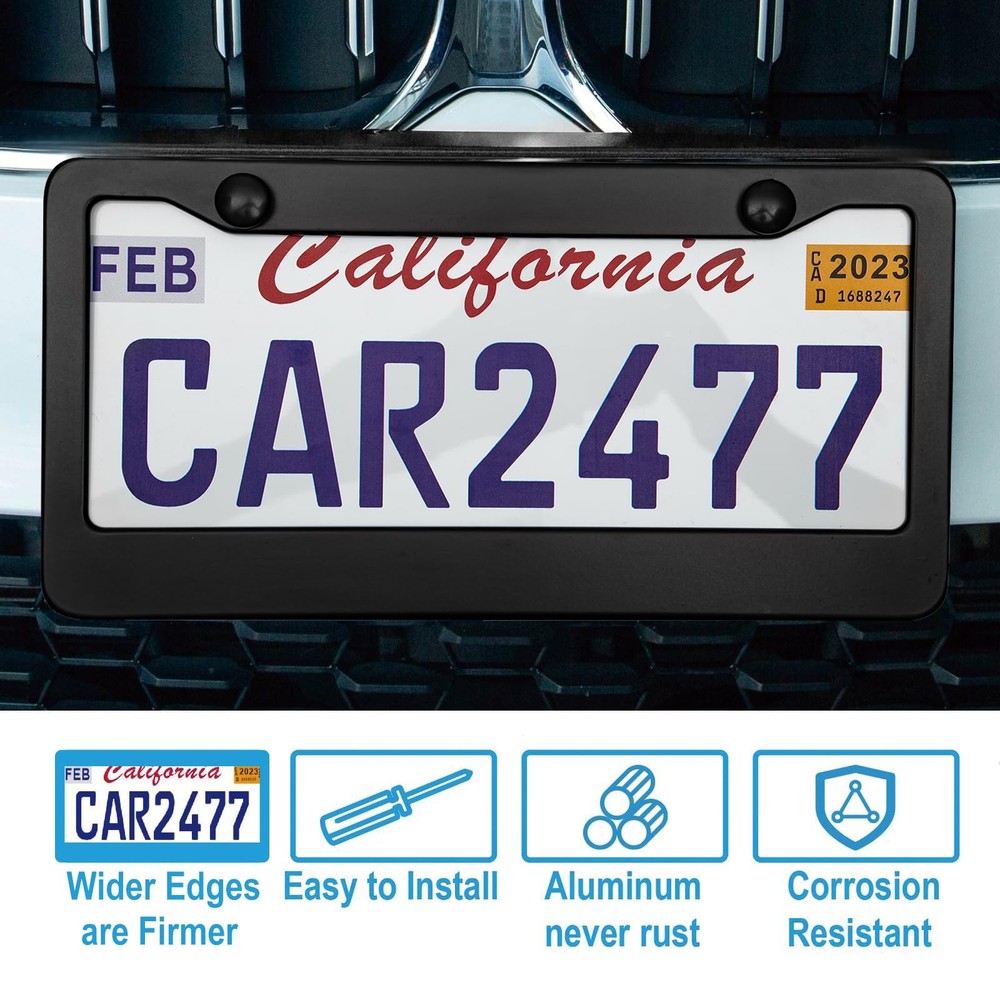 2PCS Matte Black License Plate Frames, 2 Holes Solid universal, wide black