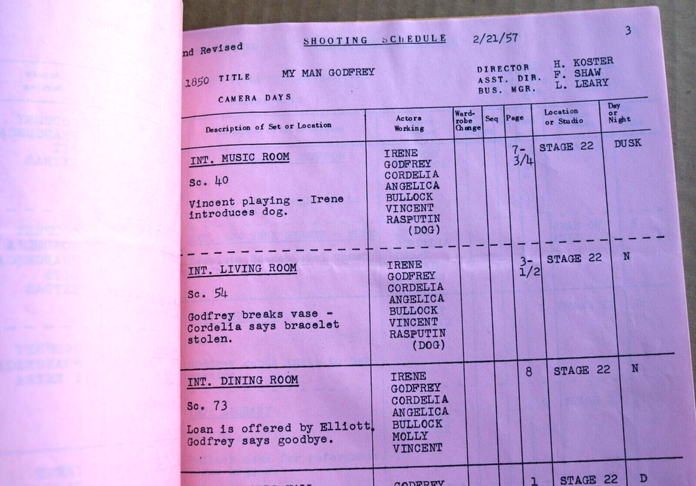 1957 ROBERT KEITH'S COPY MY MAN GODFREY ORIGINAL SRIPT W/ SHOOTING SCHEDULE