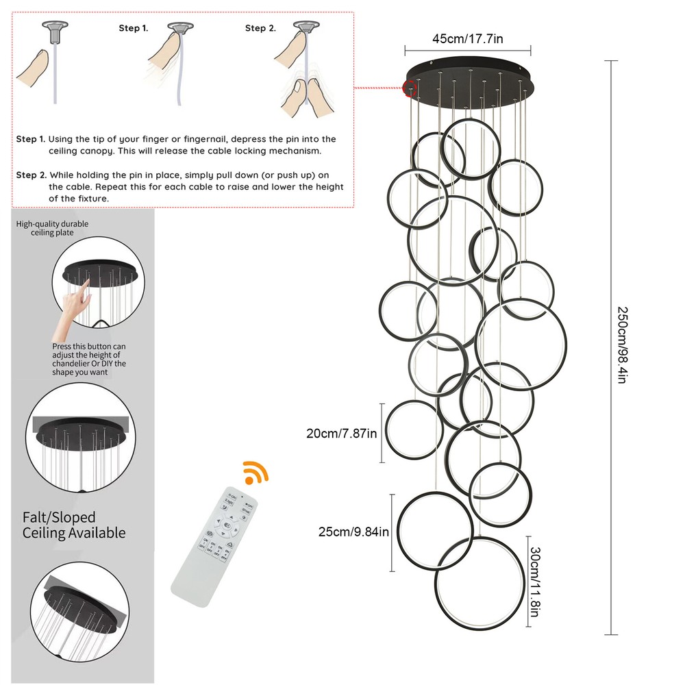 Modern Led Chandelier Lighting,Dimmable with Remote Control 18 Rings,Adjustable