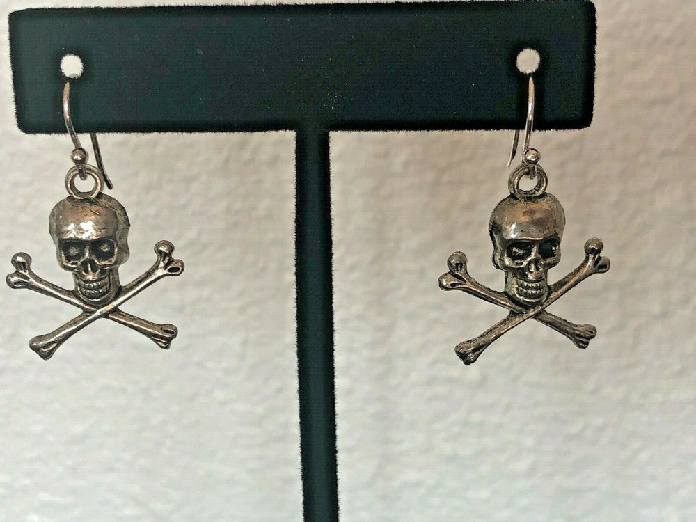 Skeleton skull bone pierced ear drop silver - tone silver plated post earrings