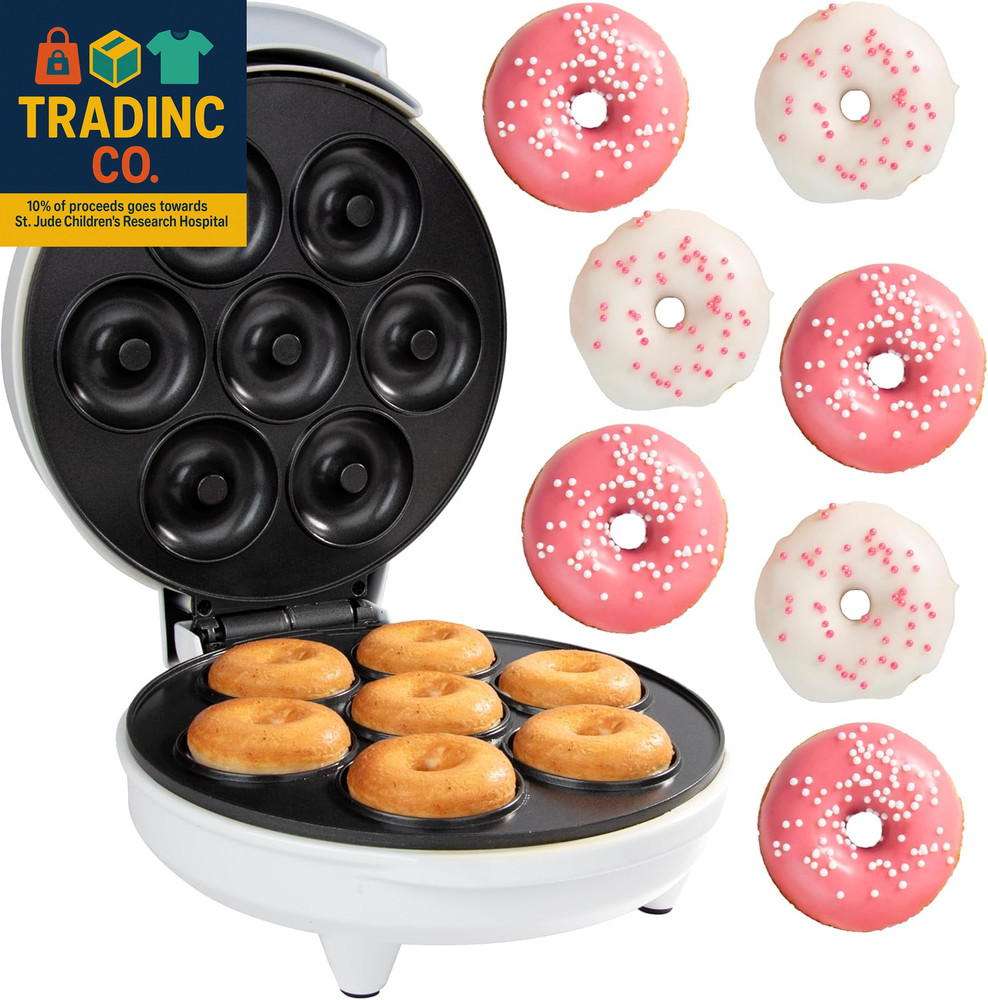 Mini Donut Maker- Electric Nonstick Surface Makes 7 Small Doughnuts- Decorate Fr
