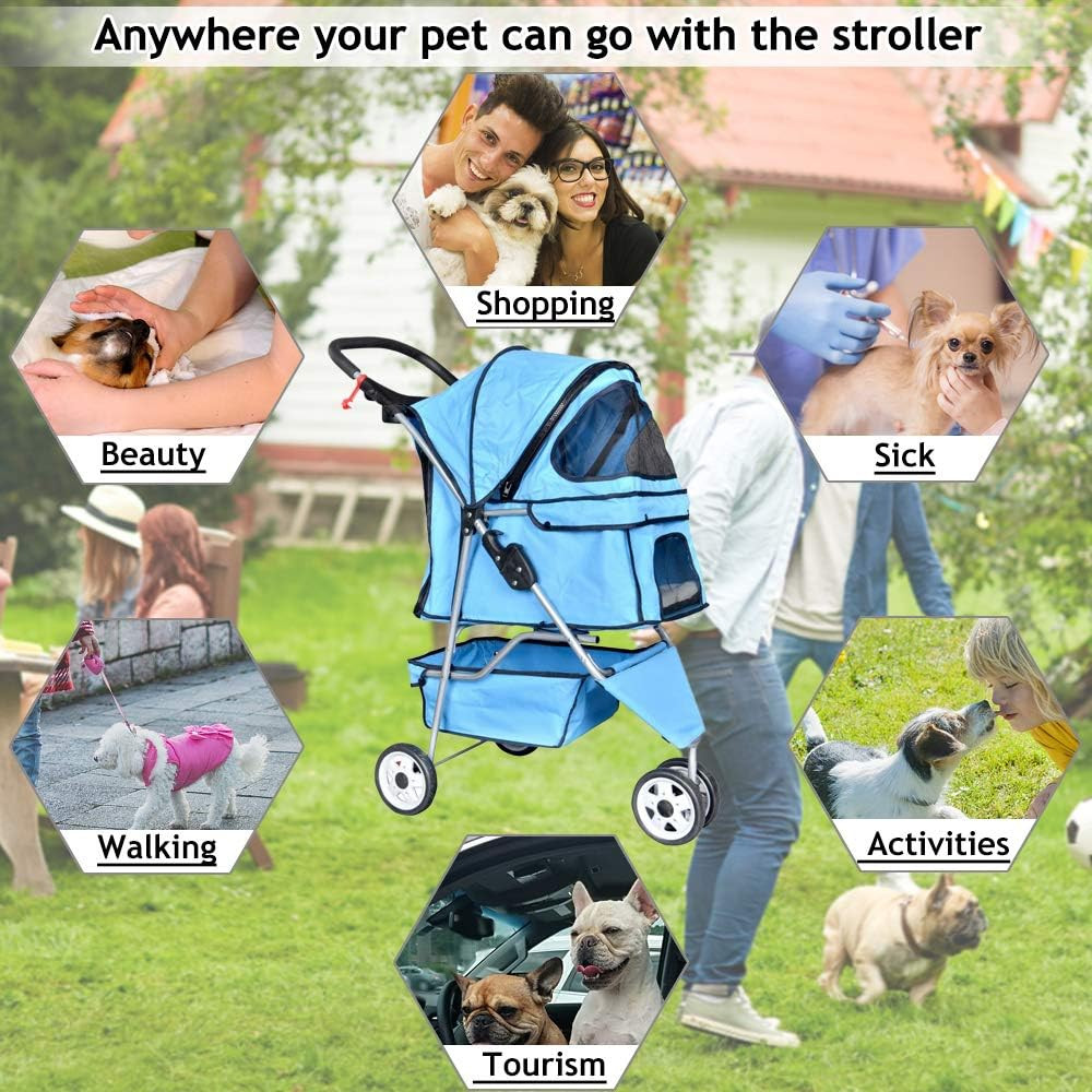 3-Wheel Pet Stroller, Lightweight Foldable Dog Stroller for Small Medium Dogs &
