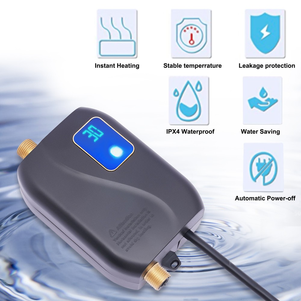 3000W Instant Mini Water Heater, IPX4 Waterproof, 68-122°F, Overheat Protection