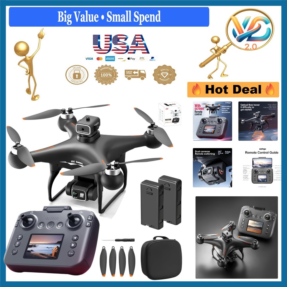 S116 GPS Drone with Screen Controller, 2 Batteries, Obstacle Avoidance, Black