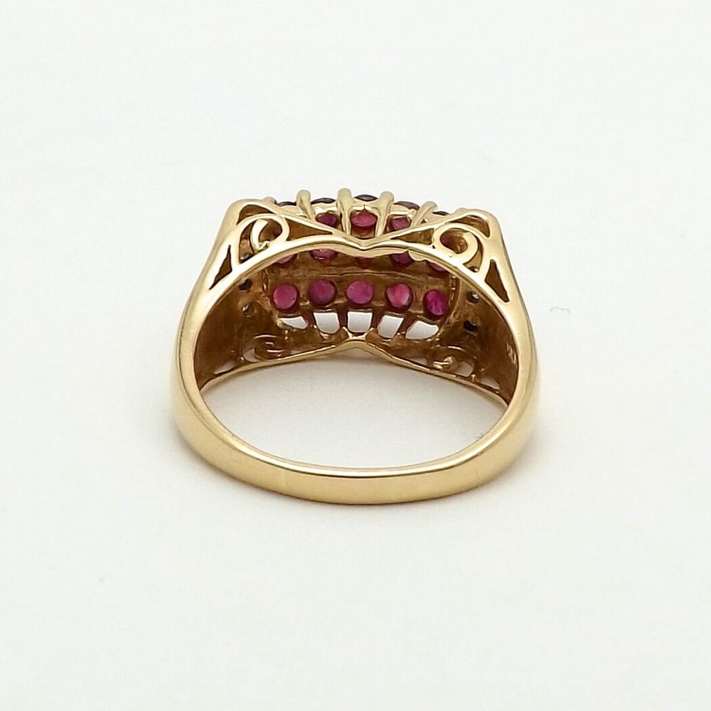 14k Gold Natural Ruby Diamond Ring High Set Triple Row Setting