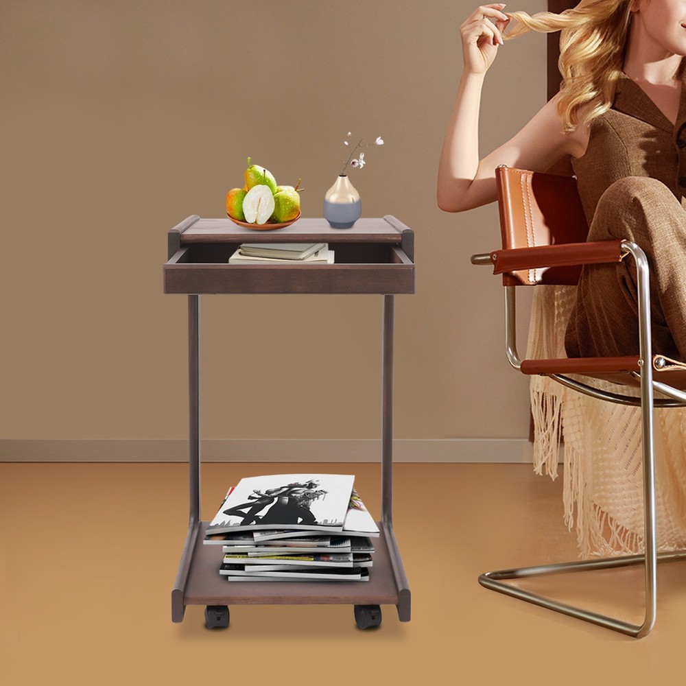 2-tierd Solid Wood Bedside C-shaped Side Table W/ Drawer & Lockable Wheels