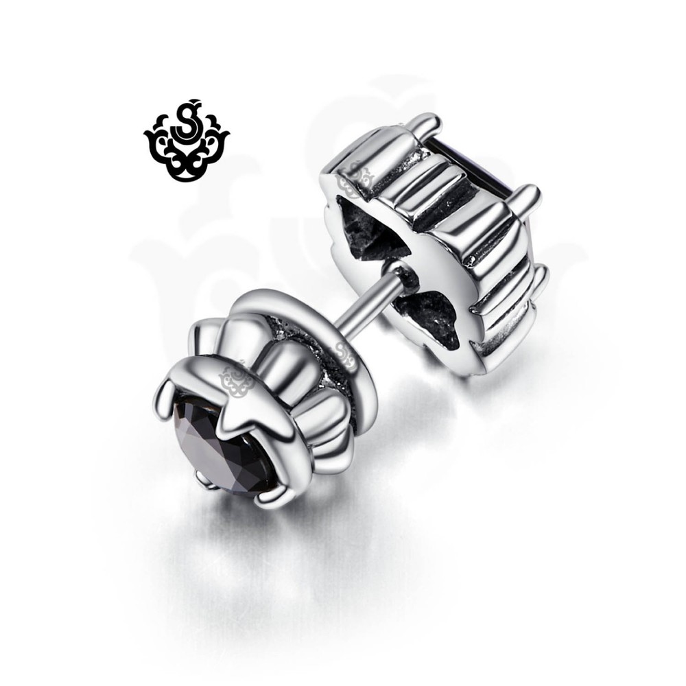 Silver stud black made with swarovski crystal single double side earring gothic