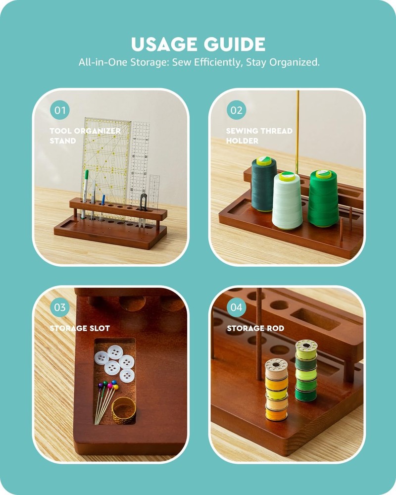 Thread Spool Holder With Sewing Organizer, 3 Spools Holder For Home Sewing Ma...