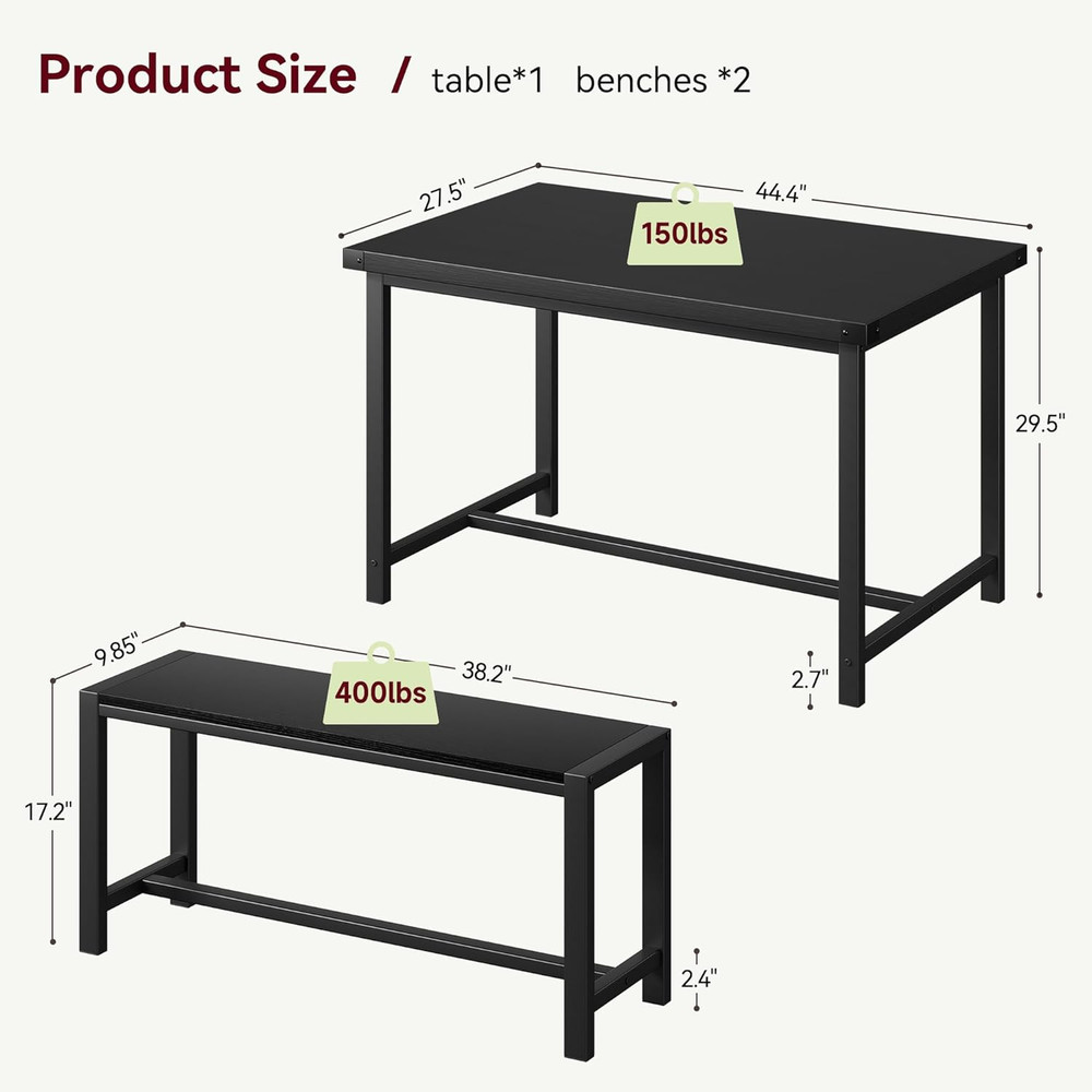 Dining Table Set with 2 Benches, Space-Saving Kitchen Table for Small Spaces & A