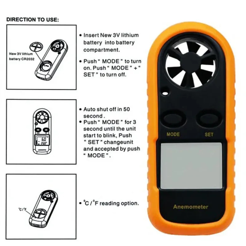 Handheld Anemometer Wind Speed Meter 30m/s Temperature Tester Backlit LCD