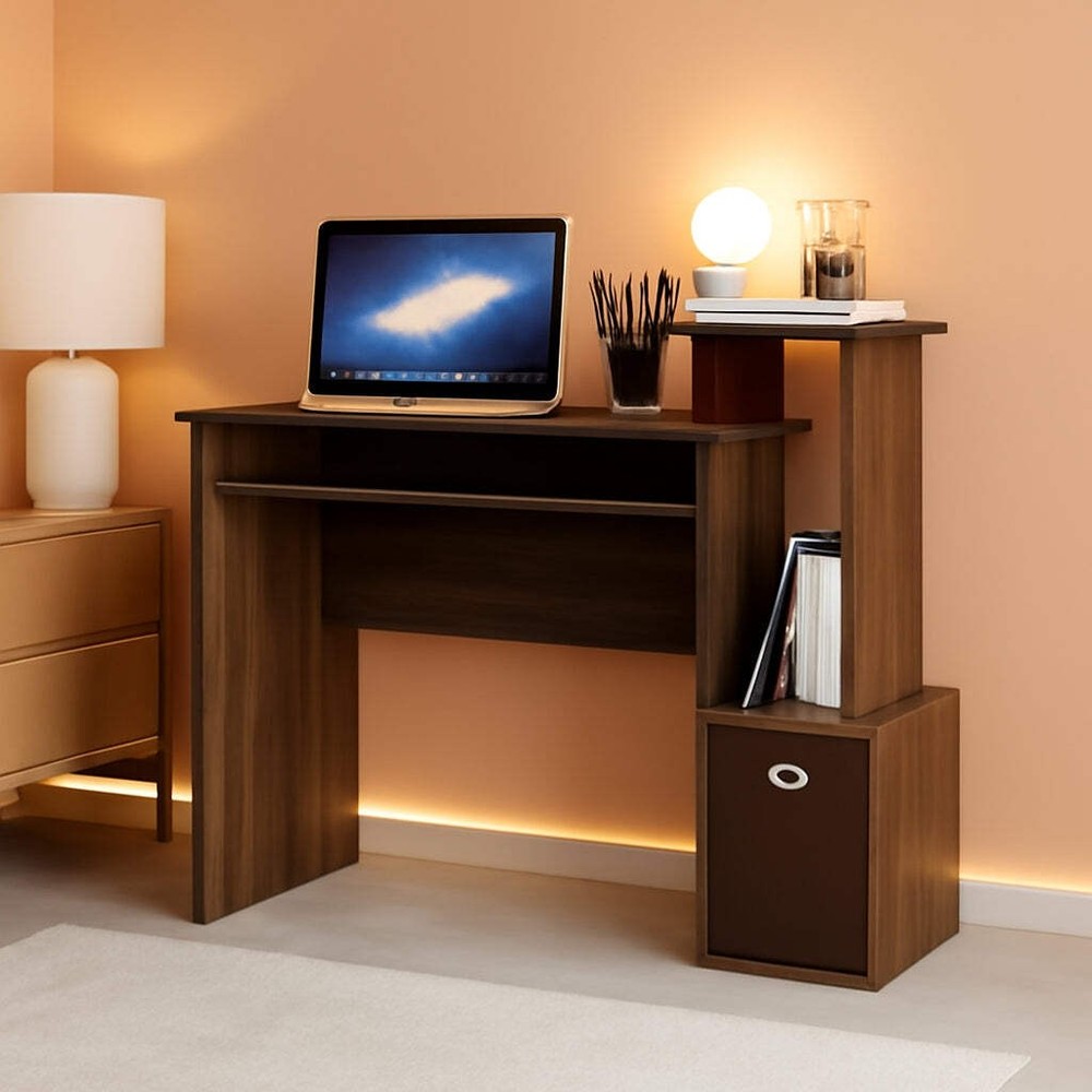 Walnut Compact Desk With Keyboard Tray And Shelves