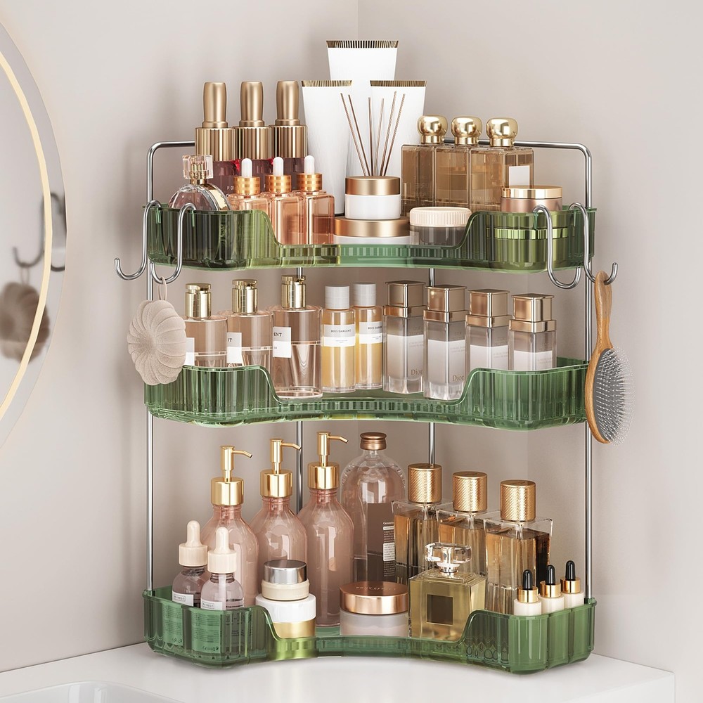 3-Tier Green Corner Organizer, PET Counter Storage with Hooks | Multi-Surface...