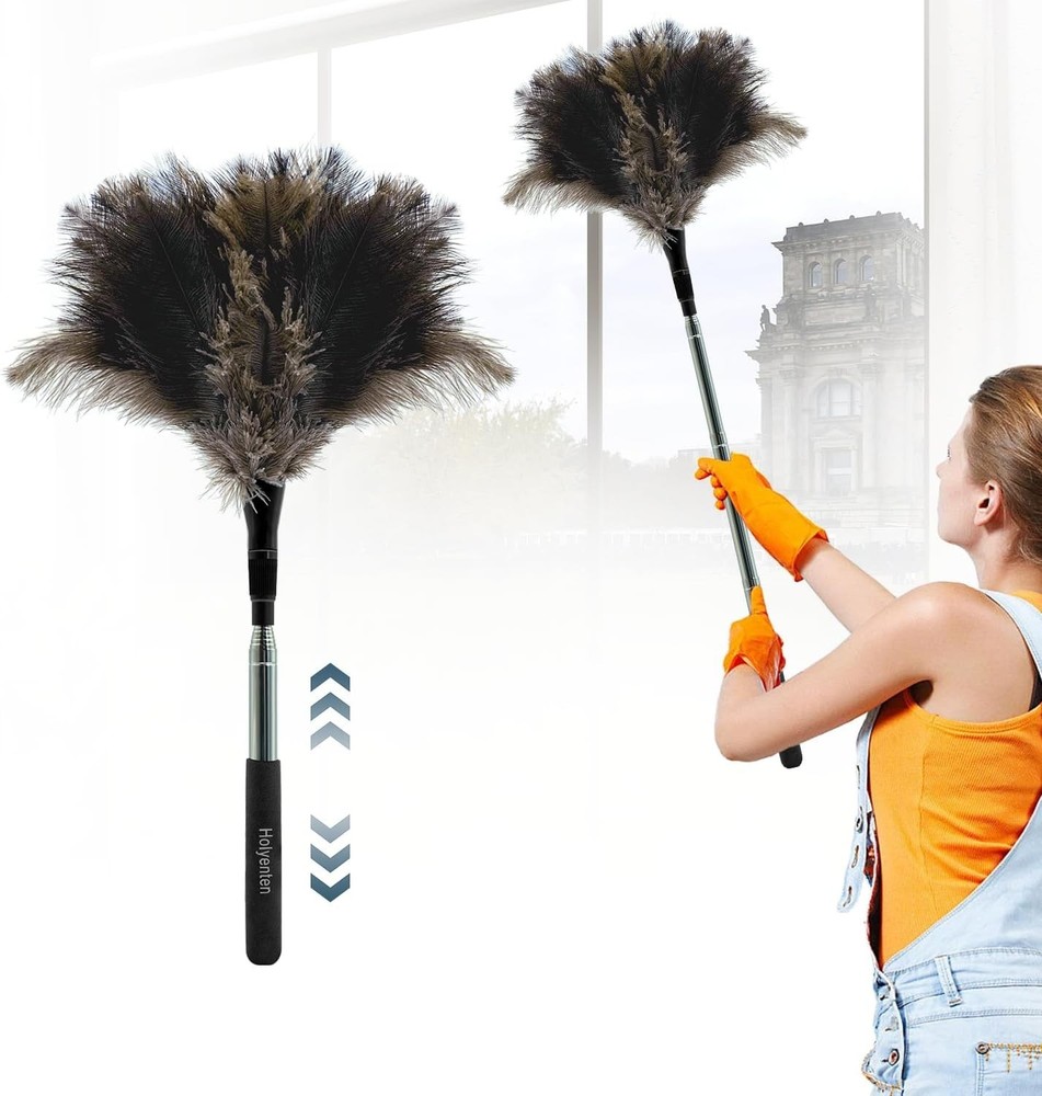 Extendable Feather Duster - 47 inches Fluffy Long Handle Reusable Natural