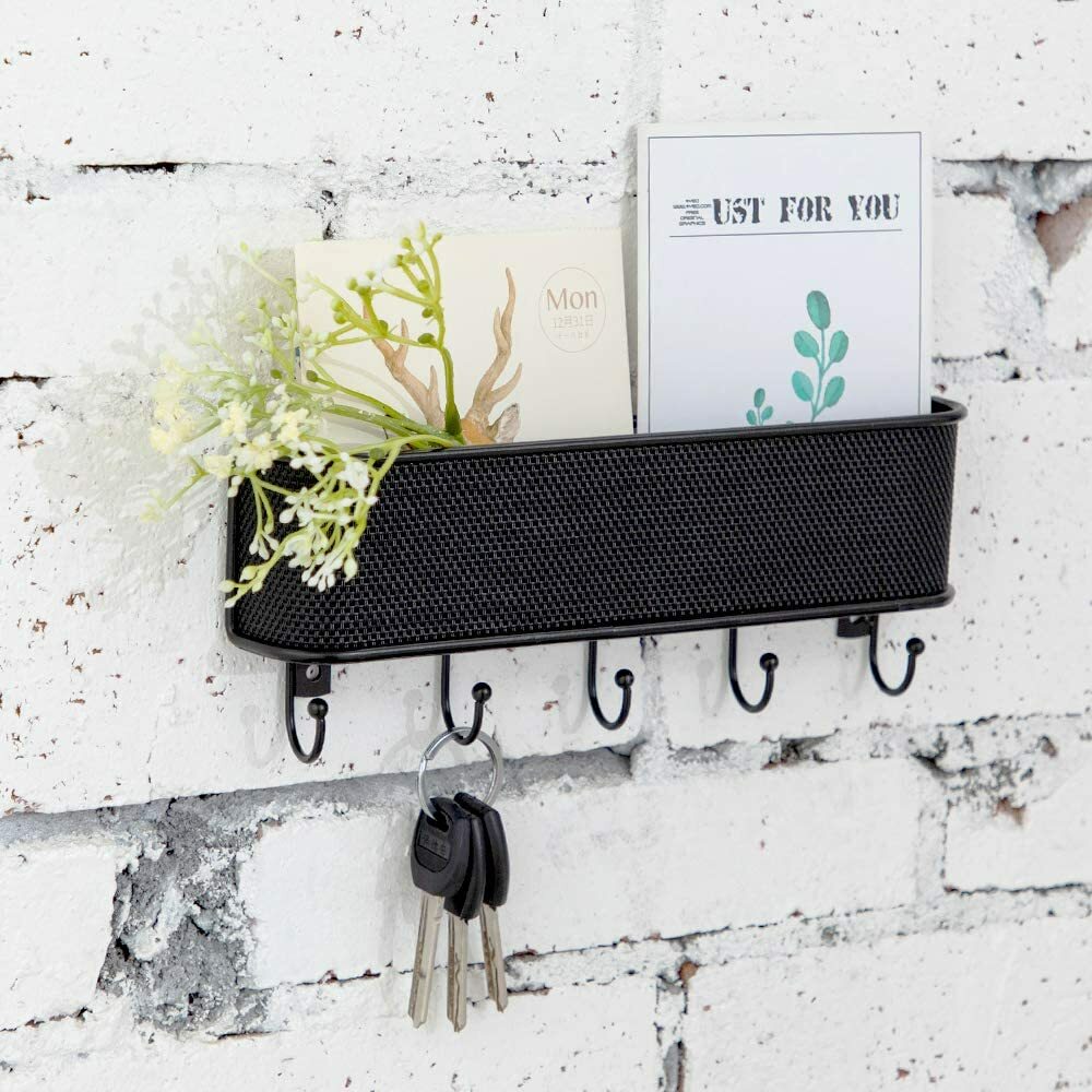 Wall-Mounted Key Holder & Mail Organizer with 5 Hooks - Entryway Storage & Decor