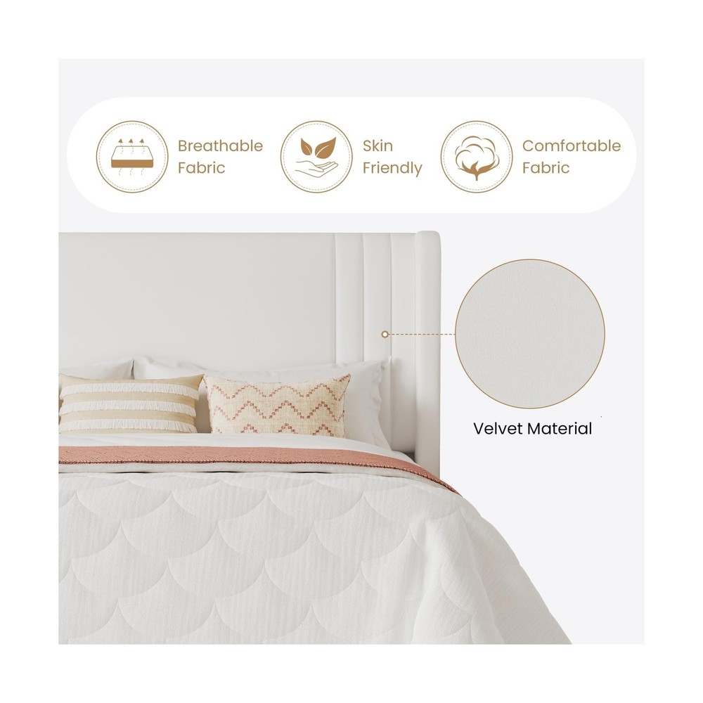 SHA CERLIN Queen Size Velvet Upholstered Platform Bed Frame with Vertical Cha...