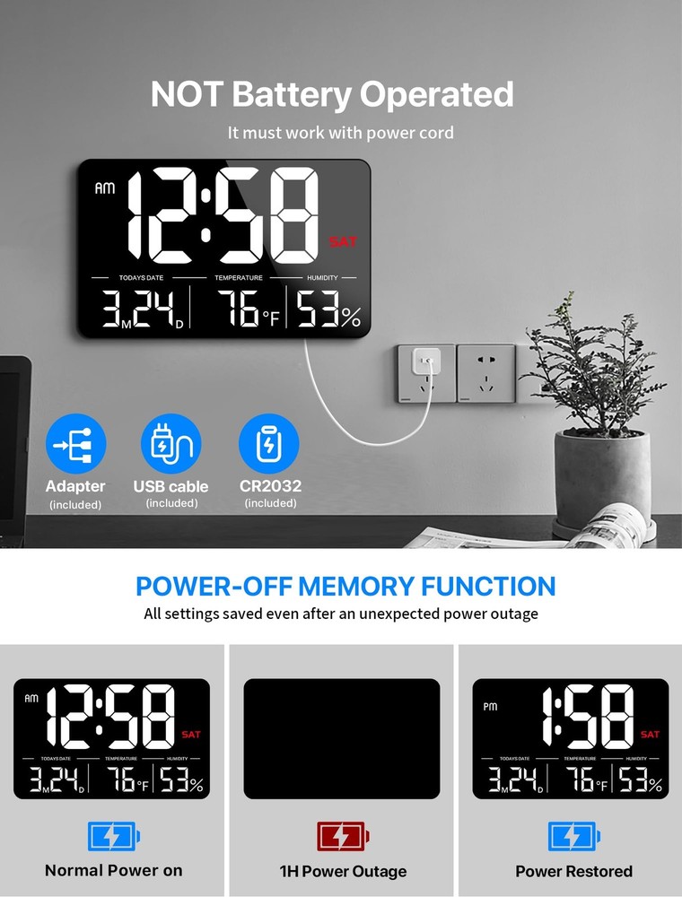 Digital Clock,13" Large Display Digital Wall Clock, Adjustable Brightness Cal...