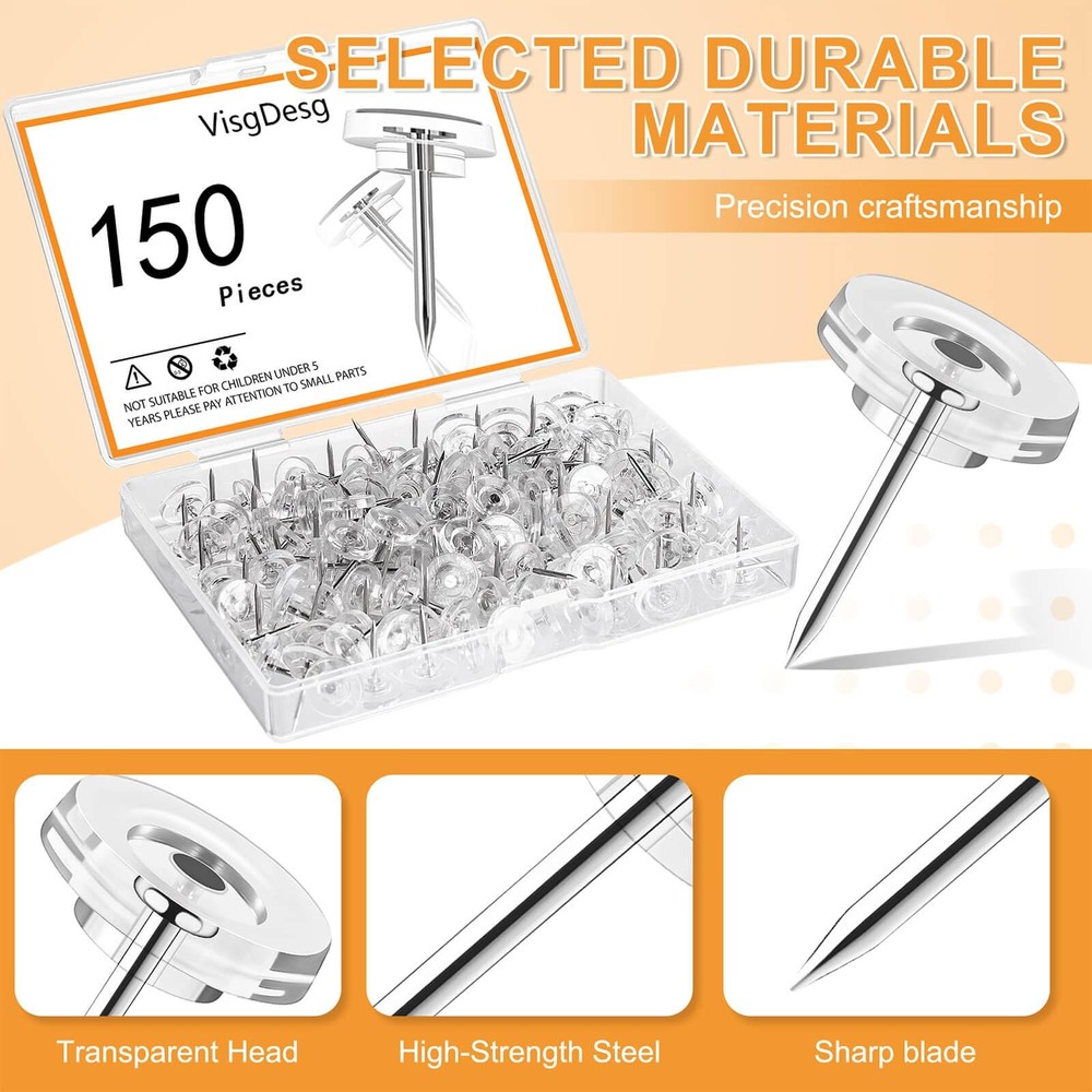 150Pcs Clear Push Pins Tacks, Thumb Reusable Flat Head