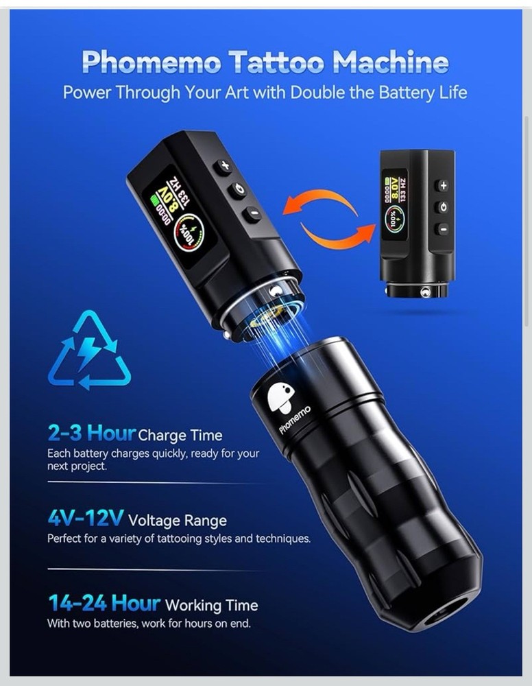 NEW Phomemo Rotary Tattoo Machine Pen Starter Kit Bundle PMU (Black)