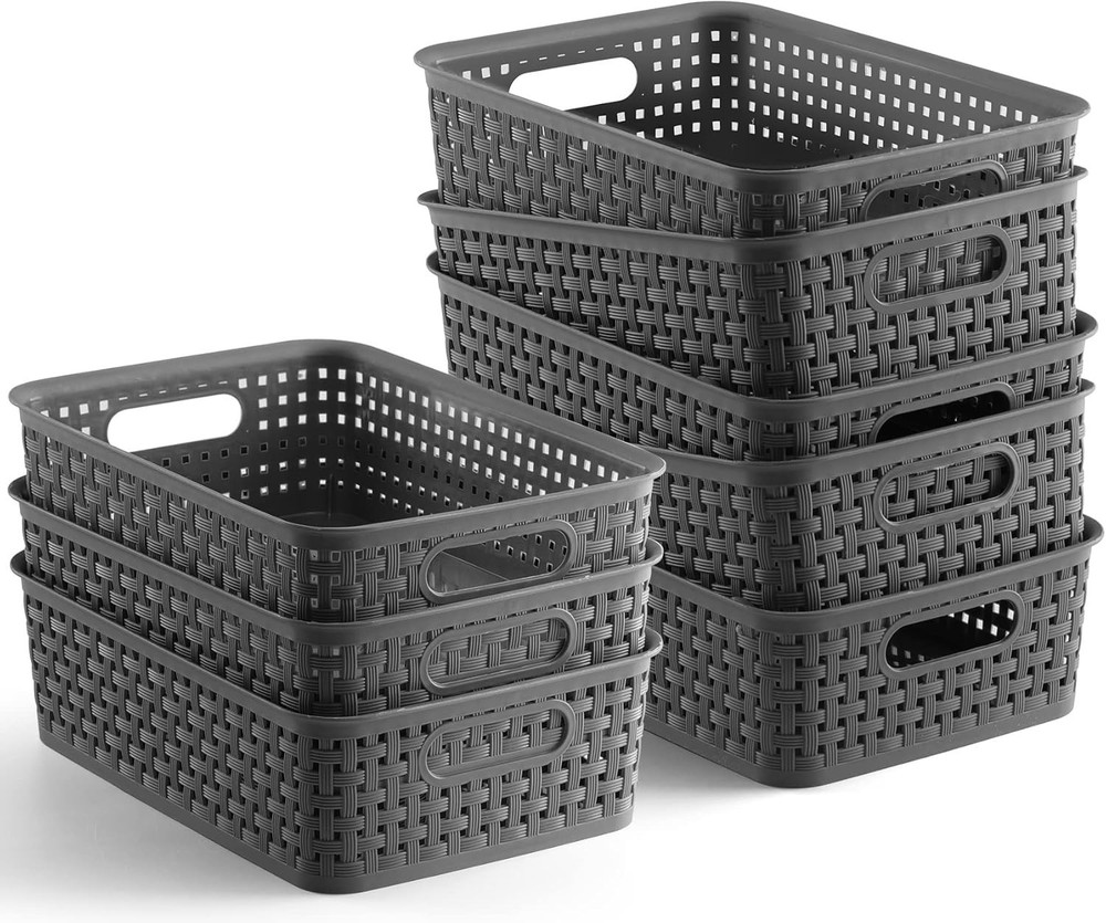 Plastic Storage Baskets 8 Pack Gray Durable Easy to Use Flexible Multi-Purpose