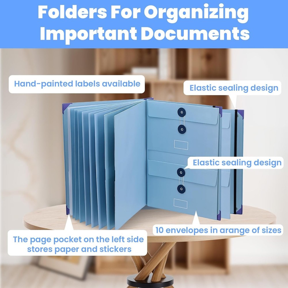 Important Document Organizer, Folio Folders, Folder with Labels Pockets (Blue)