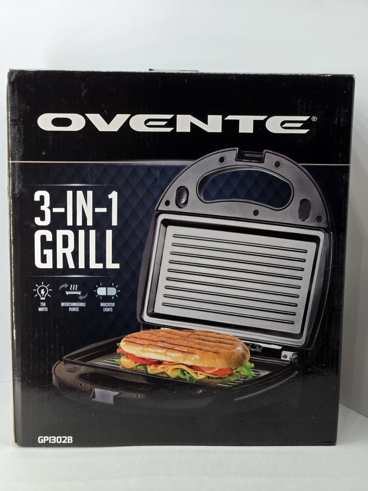 OVENTE(3-IN-1GRILLINTERCHANGEABLEPLATES750WATTSINDICATORLIGHTSGPI