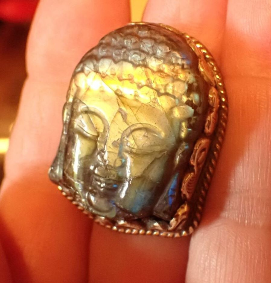 Large Labradorite Buddha Face in Tibetan Silver Ring. adjustable