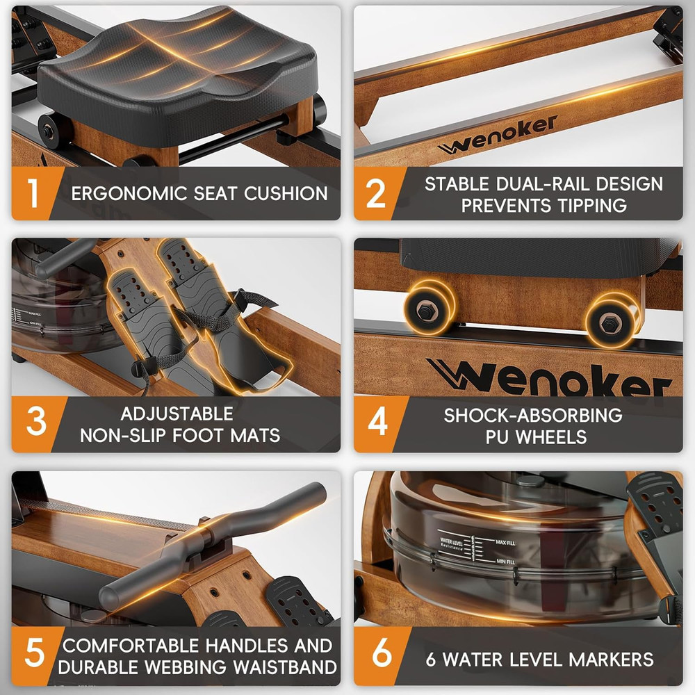 Water Rowing Machine for Home Use, Foldable Wooden Rower Machine with Adjustabl