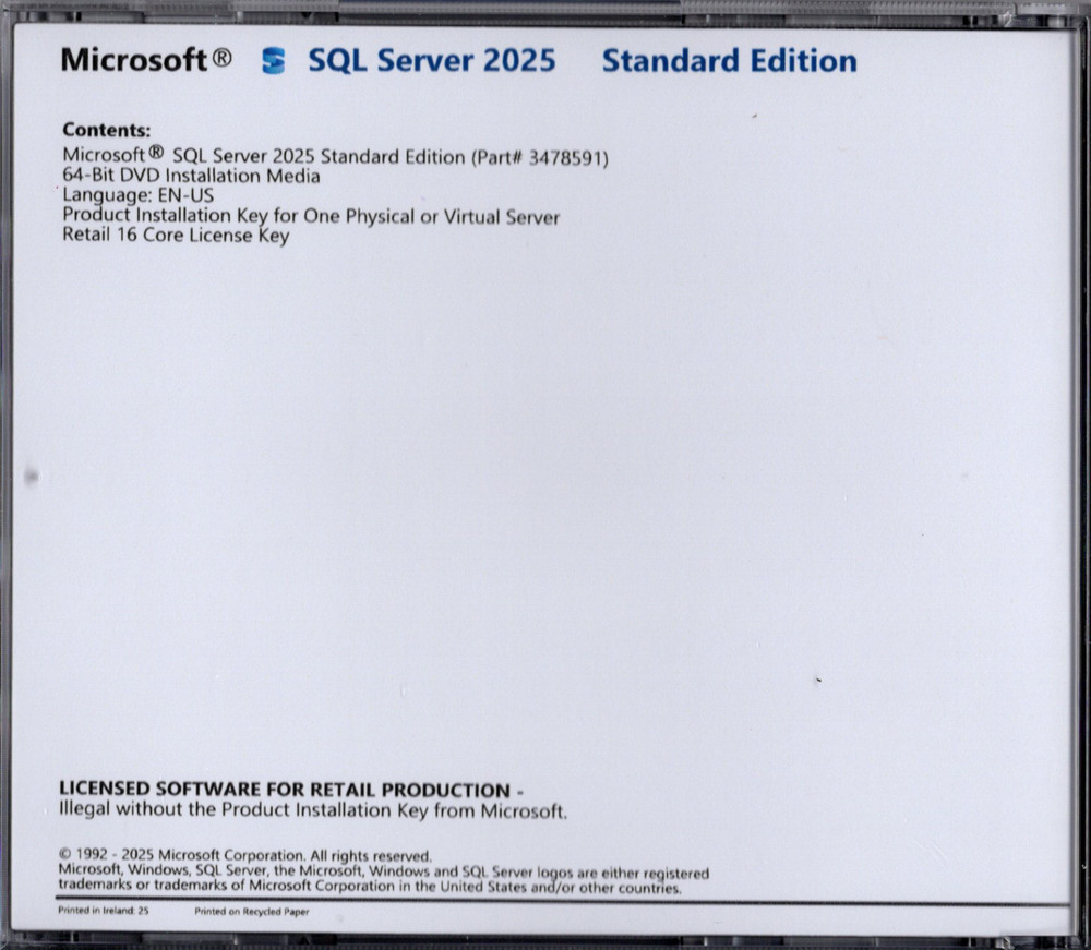 Microsoft SQL Server 2025 Standard with 16 Core License, unlimited User CALs