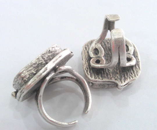 Square Ring Blank Setting Base Bezel Cabochon Antique Silver Plated Brass G12638