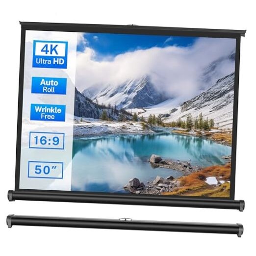 50 inch Small Projector Screen, Goldengrainv Retractable Pull Up Screen, Floor