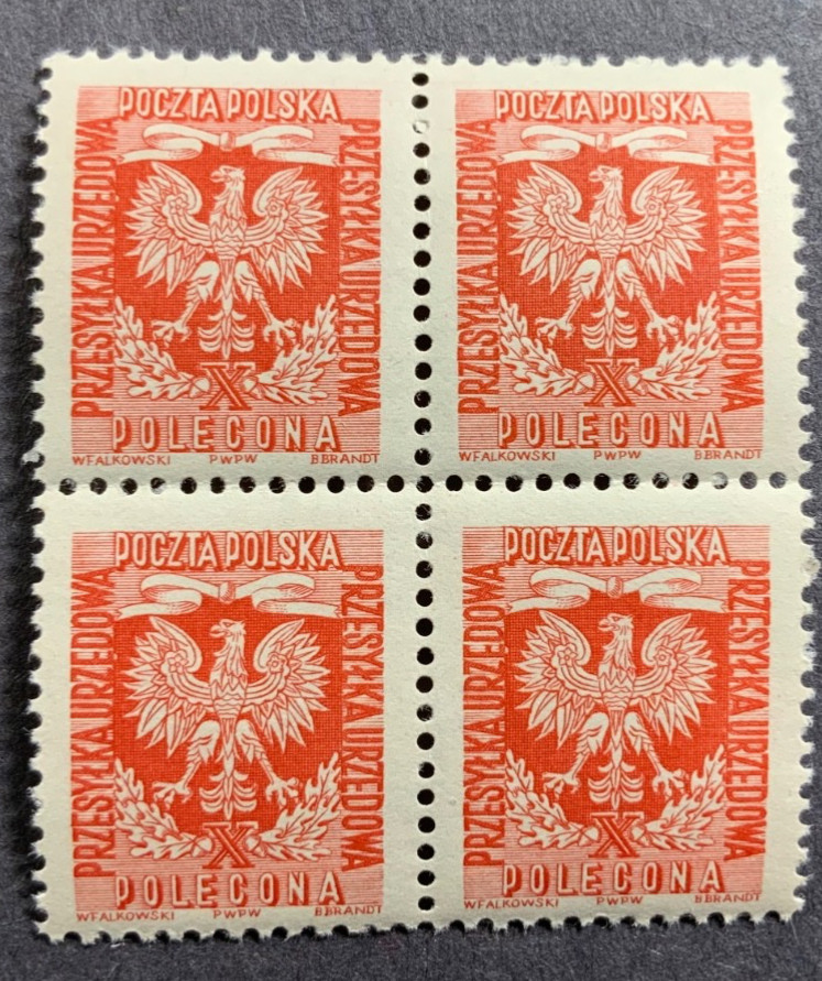 Poland Stamp Block 1954 SC# O31 red ' Polish Eagle, Polecona '