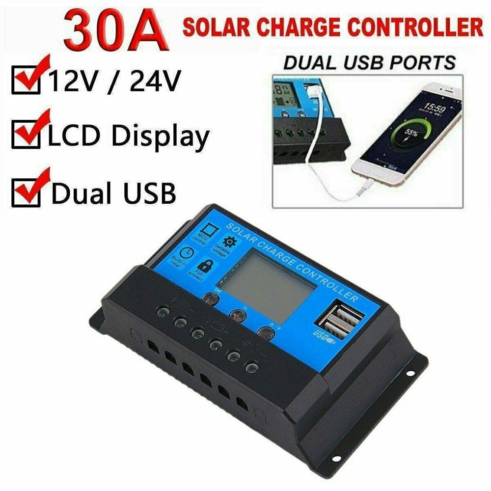 30A 12V/24V Solar Panel Battery Charge Controller LCD Regulator Auto Dual USB US