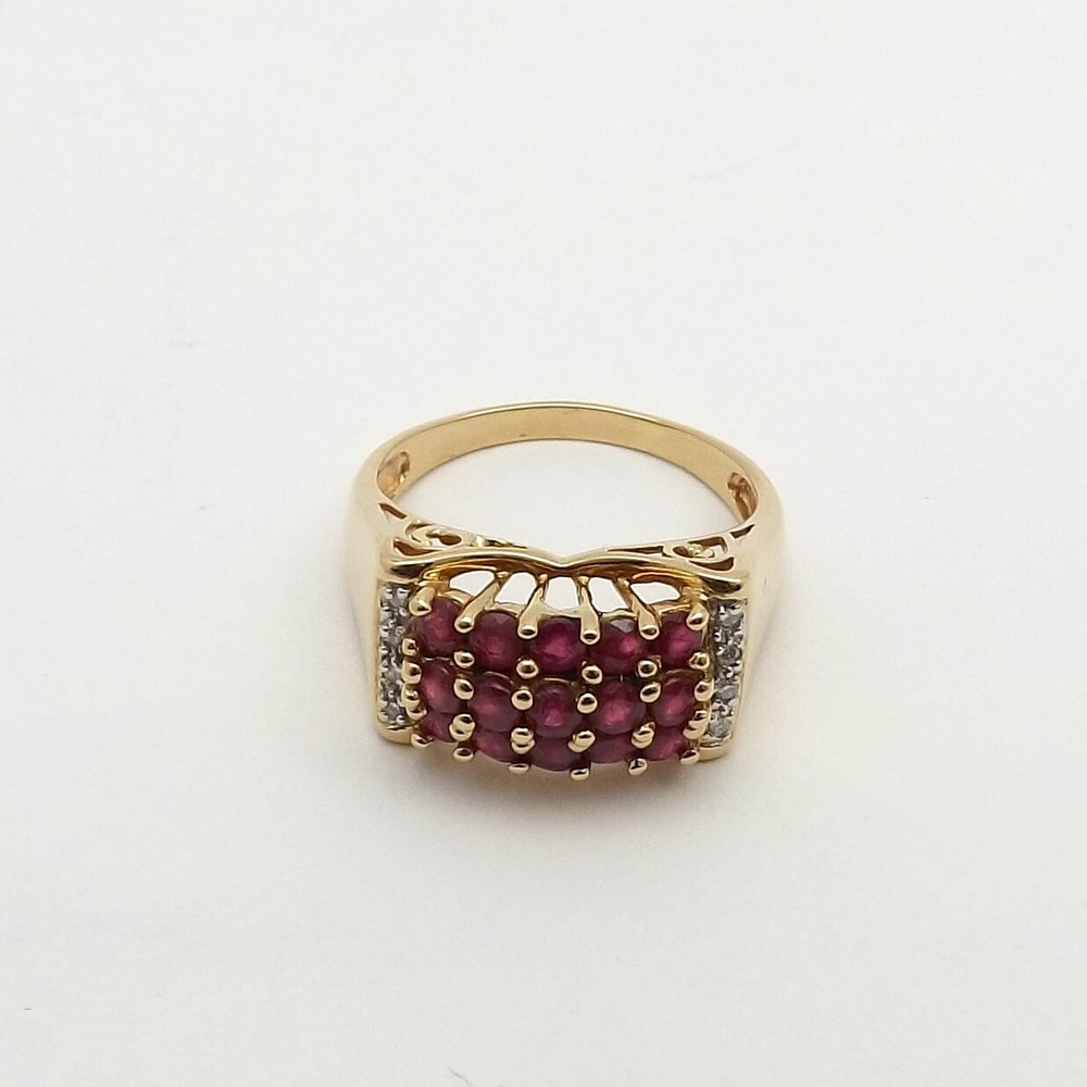 14k Gold Natural Ruby Diamond Ring High Set Triple Row Setting