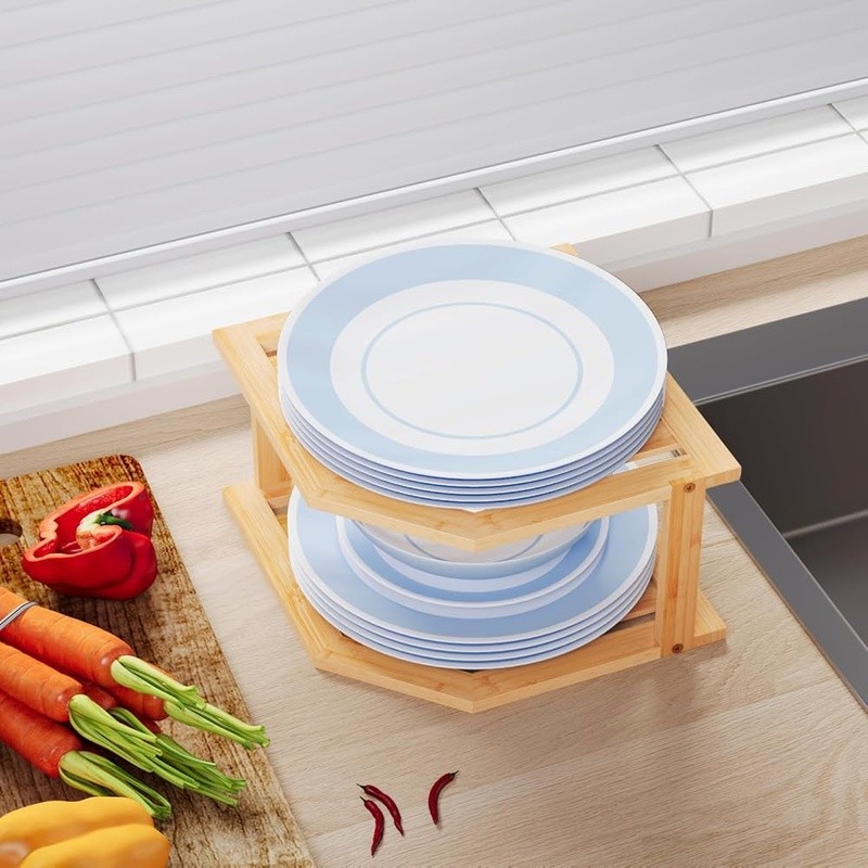 Bamboo Plate Organizer Adjustable Kitchen Corner Shelf Durable Dish Rack Storage