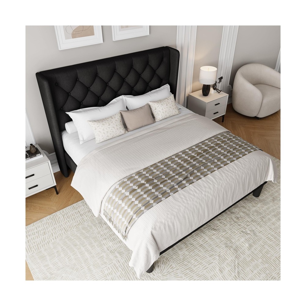 Einhomn Black Queen Size Platform Bed Frame with Fabric Upholstered Wingback ...