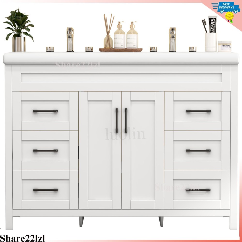 47" Bathroom Vanity Set with Double Ceramic Sinks Artificial Marble Countertop