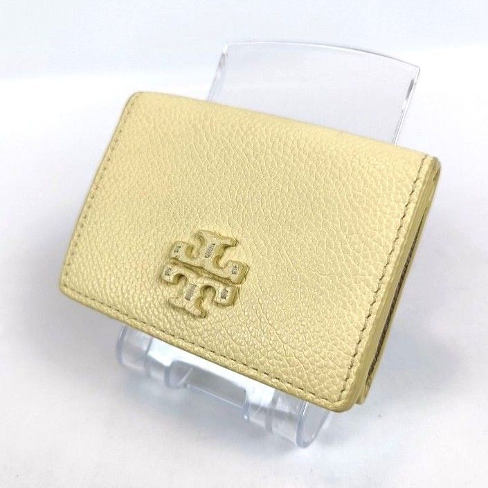 Tory Burch Micro Tri-Fold Wallet Leather Yellow Logo Compact Pre-Owned