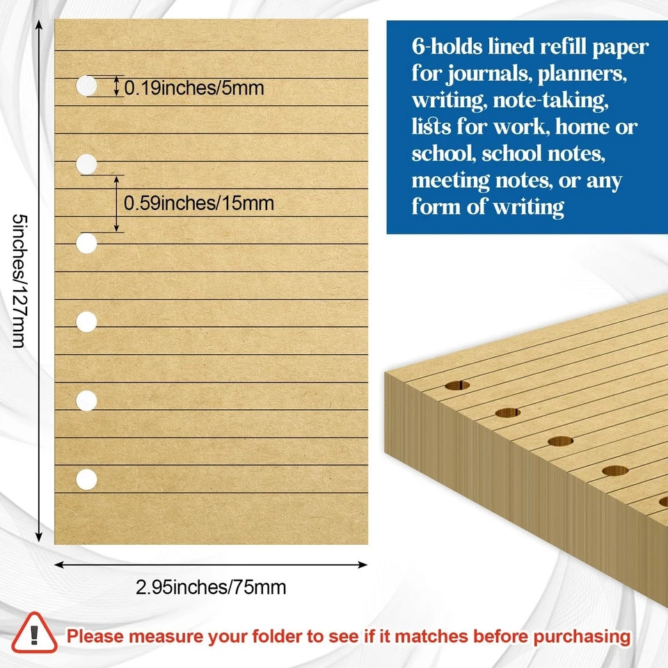 Ireer 6 Hole Mini Lined Paper Refill 200 Sheets Blank Planner Refills Kraft