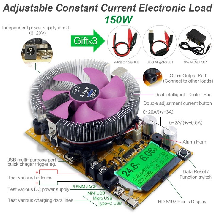 150W Constant Current Electronic Load Battery Discharge Capacity Tester