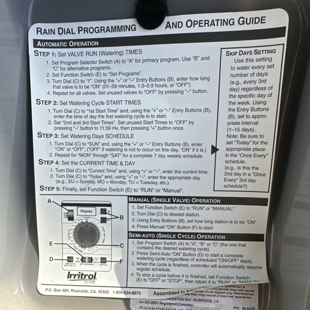 Irritrol Rain Dial RD900-INT Irrigation Controller Dial Manual Programmable