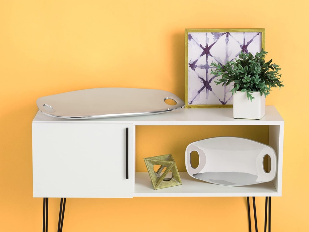 Nambé Handled Tray - Modern Rectangular Serving Platter with Curved Sides & Cut-