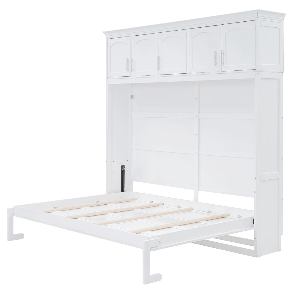 Modern Bed Frame Full Size Murphy Bed Wall Bed with Top Cabinets Bedroom White