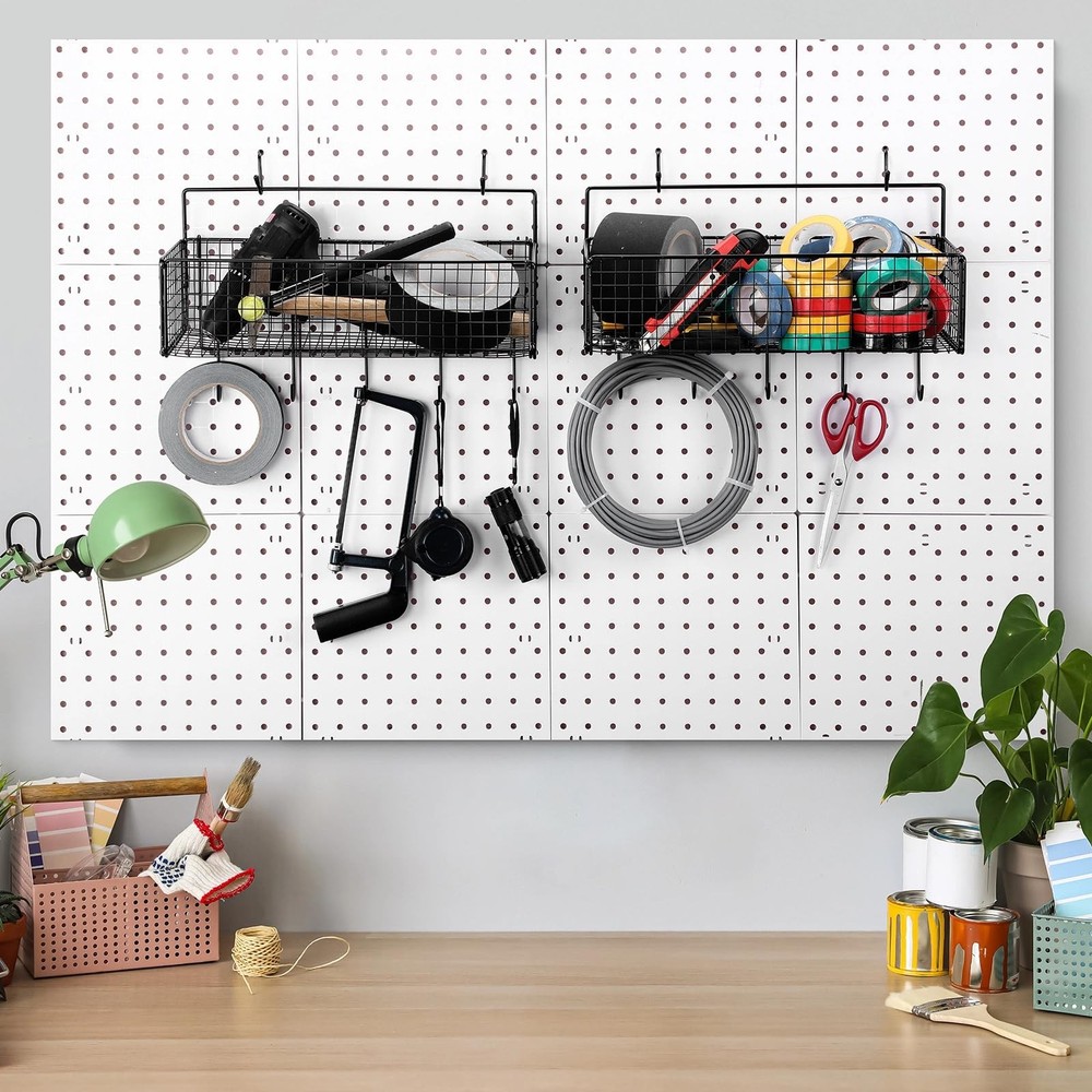 2 Pcs Pegboard Accessories Set Including 2 Pegboard Baskets Bins with 5 Hooks...